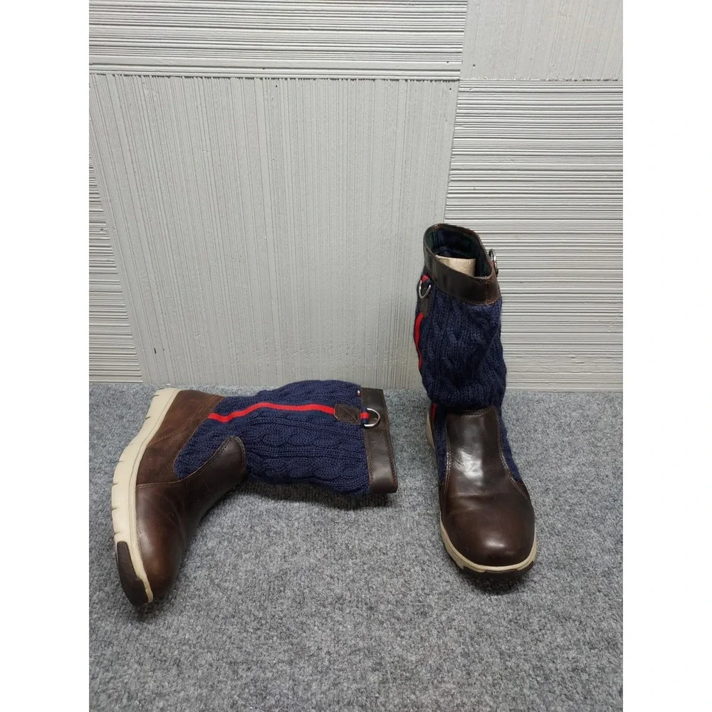 Tommy Hilfiger Men Sweater Boots 8.5M Navy Cable Knit Brown Leather Trim Outdoor